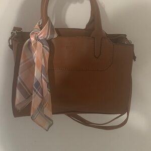 Brown Leather Handbag with Scarf Accent